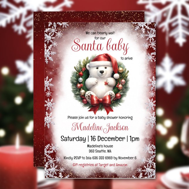 Papais noeis Bear Bear Convite para Chá de fraldas (Santa Baby Bear Christmas Baby Shower Invitation)