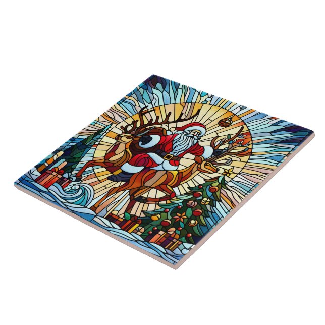 Papais noeis cavalgando renas entre árvores festiv (Lateral)