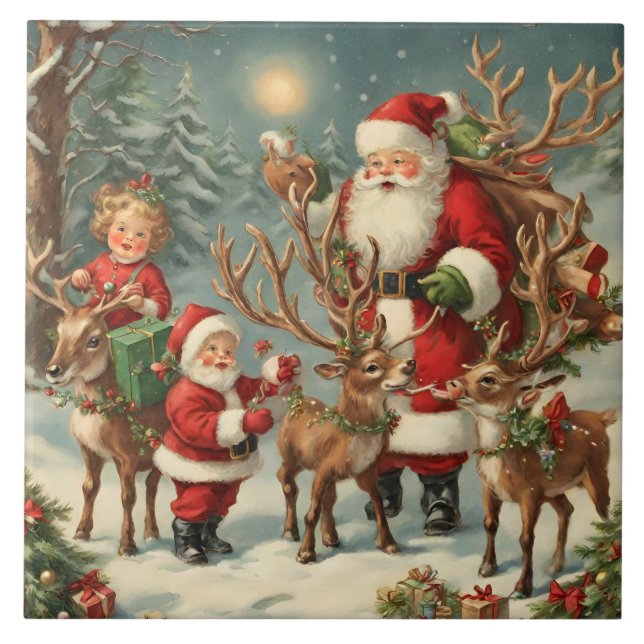 Papais noeis com crianças, renas e presentes (Frente)