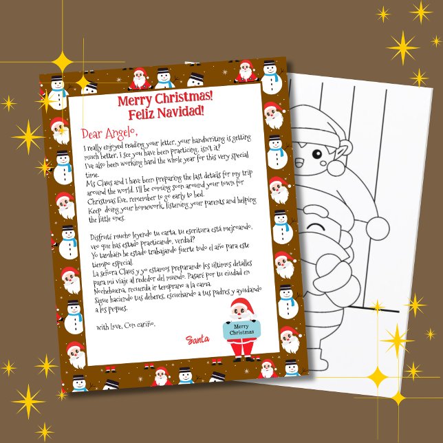 Papais noeis Marrons Bilíngues - Letra para Crianç (Brown bilingual letter from Santa Christmas, personalized Name & Spanish Text. Multilingual Project)