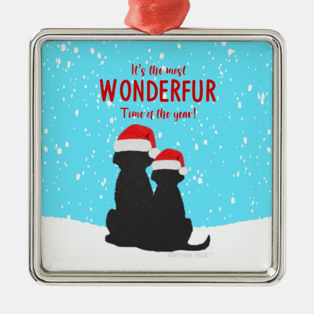 Papais noeis pretos Cães Enfeites de natal quadrad (Frente)