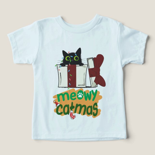 Papais noeis pretos Gato enredado em luzes de árvo (Design frontal)