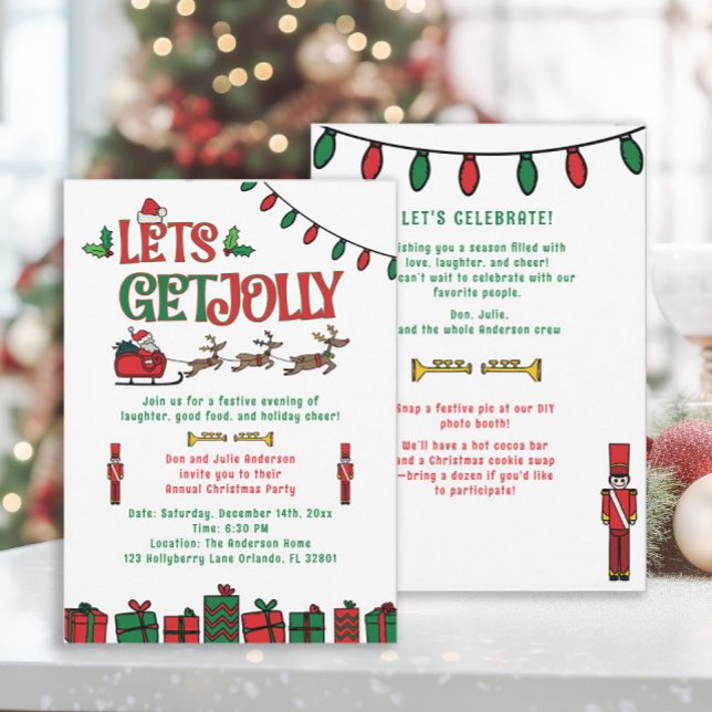 Papais noeis Verdes Vermelhos Whimsical Reindee Fe (2-sided retro-style Christmas party invitation)