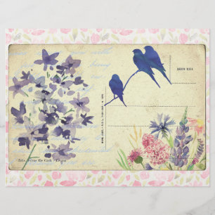 Papel-Cartão-postal Floral Rosa e Azul