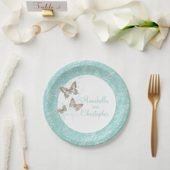 Papel Casamento 3 borboletas de tinta prato branco teal (Casamento)