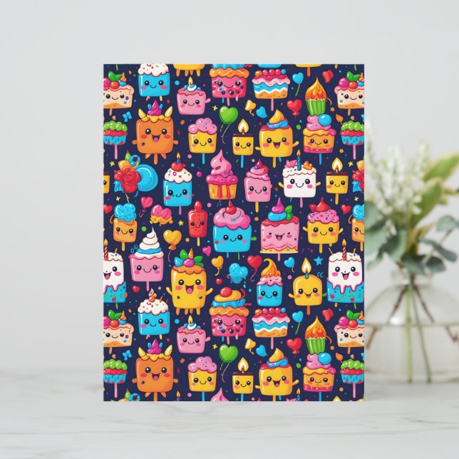 Papel de Bolo de Aniversário e Sobremesa Kawaii Fo (Em pé/Frente)