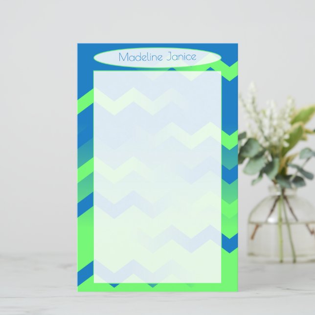 Papel de carta azul e verde Chevron para escrita m (Em pé/Frente)