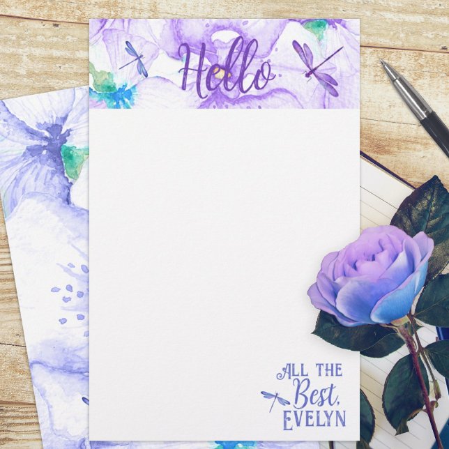 Papel de carta de Dragonfly Roxo e Azul Personaliz (whimsical purple blue dragonflies dragonfly budget personalized letter stationary paper sheets)