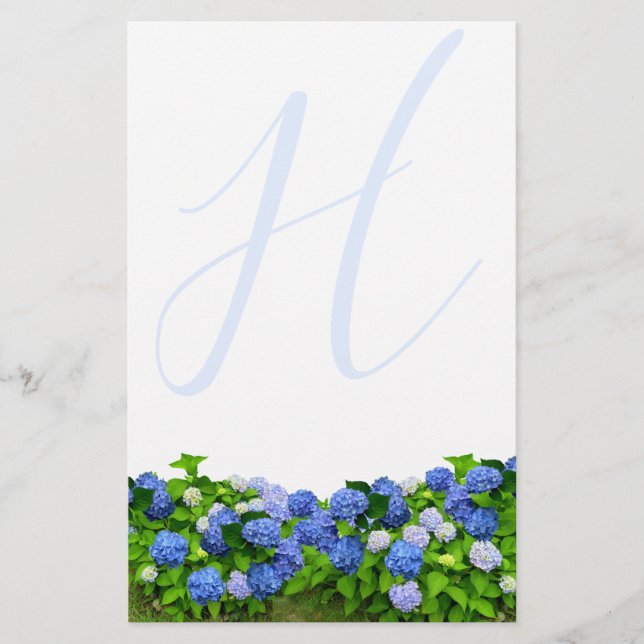 Papel de carta de Jardim de Hydrangea Azul Monogra (Frente)