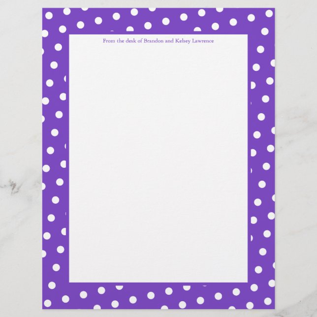 Papel de carta de pontos roxos e brancos com texto (Frente)