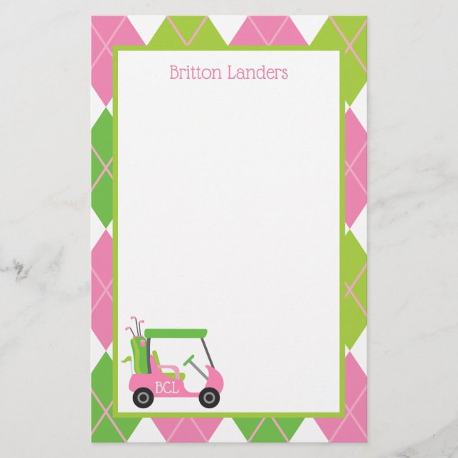 Papel de Carta Personalizado de Golfe Rosa e Verde (Frente)