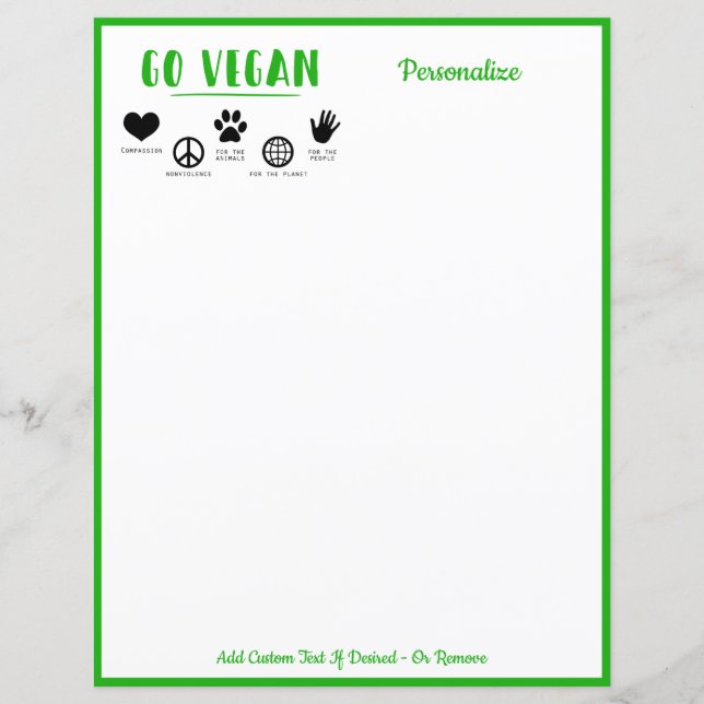 Papel de Carta Personalizado Verde Citar Ir Vegan (Frente)