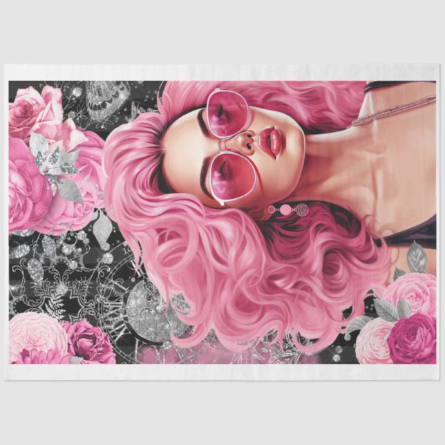 Papel de Decoupage da Mulher de Glam Rosa e Preta (Frente )