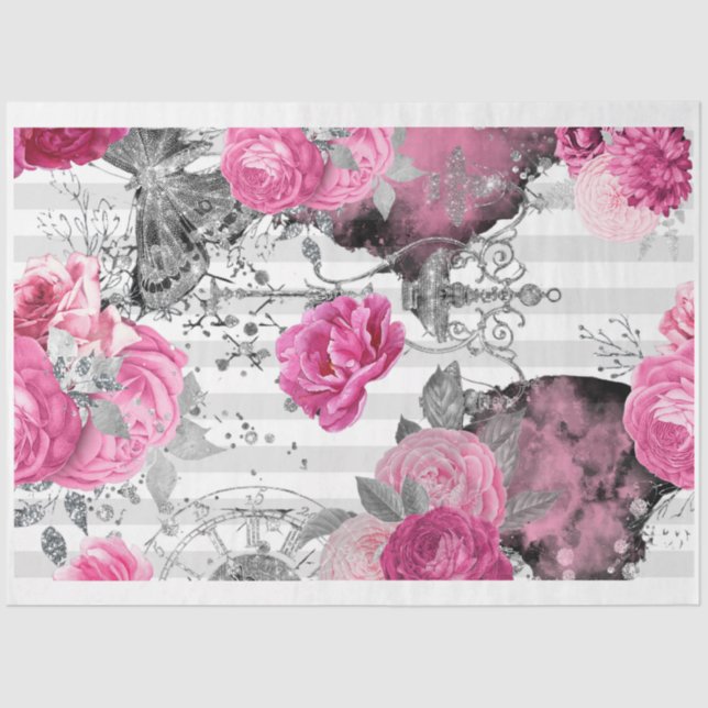 Papel de Decoupage de Rosas de Glama Rosa e Preto (Frente )