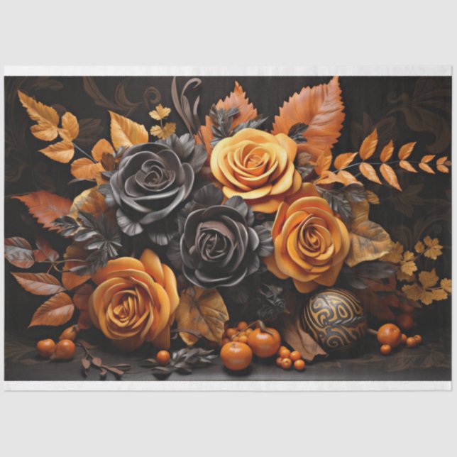 Papel de Decoupage de Rosas Laranja e Preto do Hal (Frente )