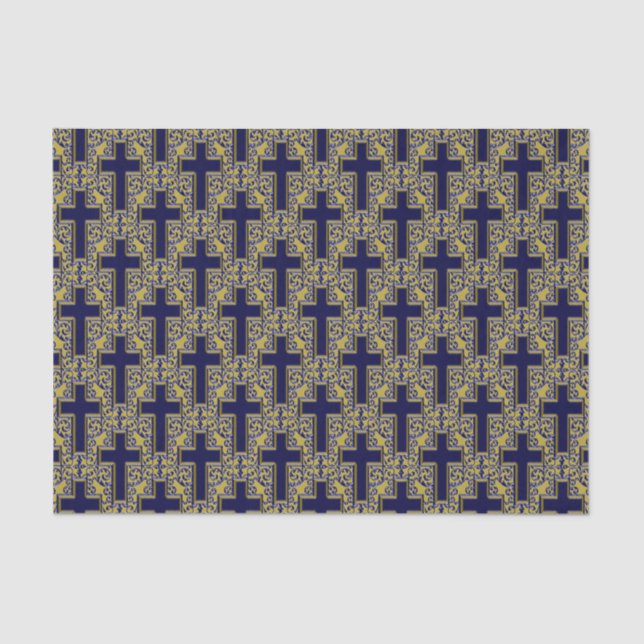 PAPEL DE EMBALAGEM DE TECIDO Dourado-Azul Cruz 24 (Frente )