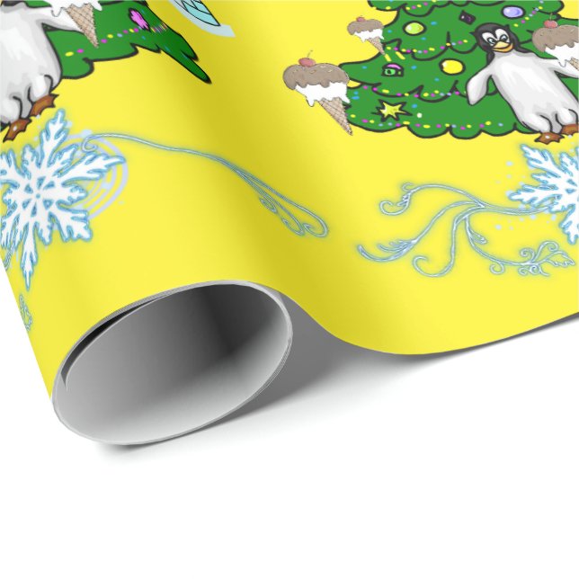 Papel de embrulho amarelo de pinguim de Natal feli (Ponta do rolo)