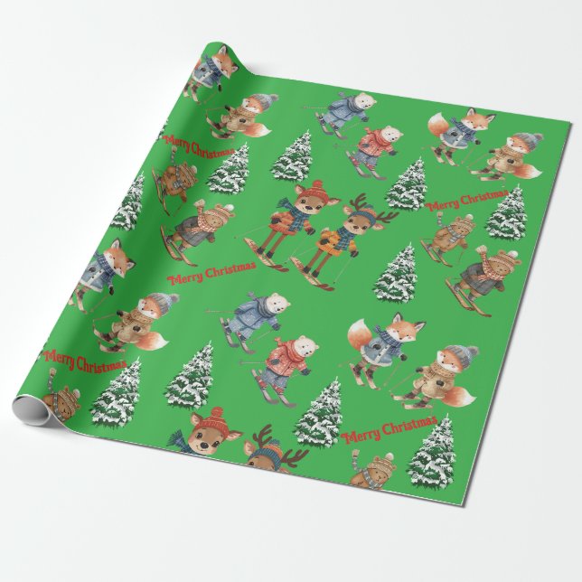 Papel de embrulho Animais Fofos Esquiando (Desenrolado)