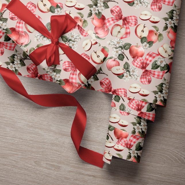Papel de embrulho Apple & Gingham Bow Baby Shower (Wrapping Paper)