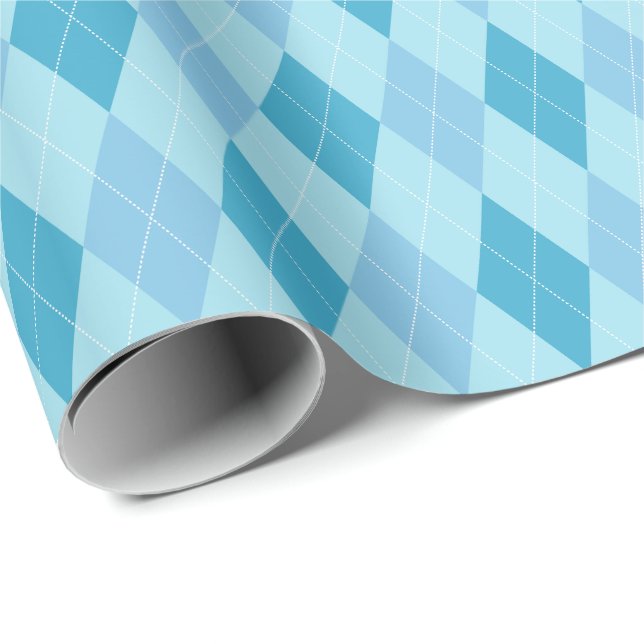 Papel de embrulho Argyle em tons azuis grandes (Ponta do rolo)