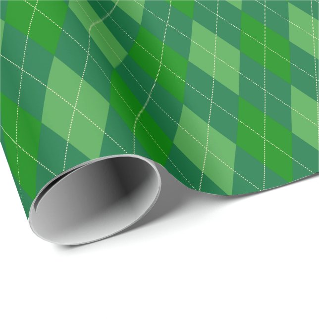 Papel de embrulho Argyle em tons verdes grandes (Ponta do rolo)