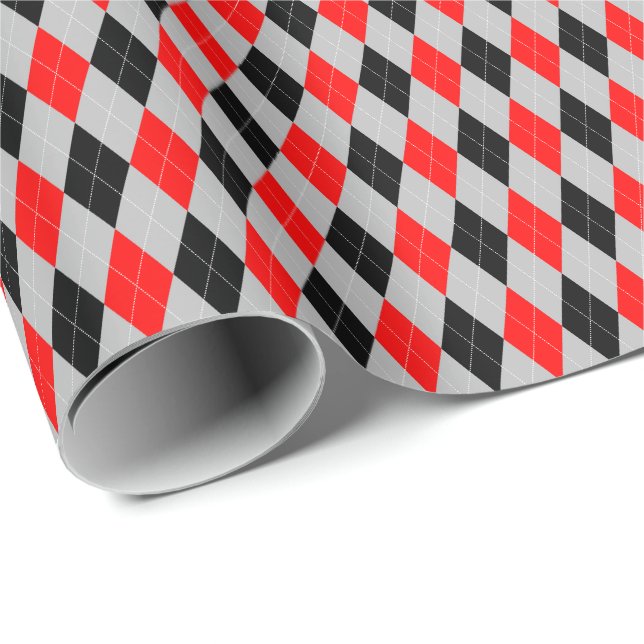 Papel de embrulho Argyle vermelho, preto e cinza (Ponta do rolo)