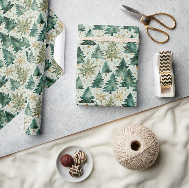 Papel de embrulho Árvores de Natal e Flocos de Nev (Artesanato)