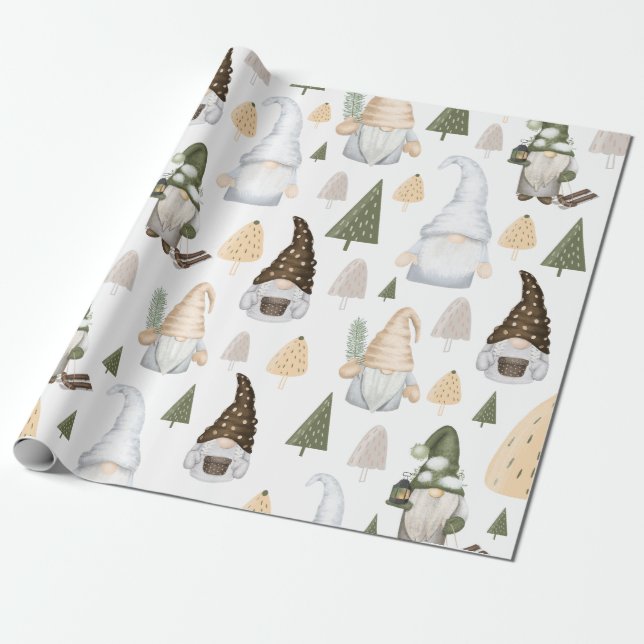 Papel de embrulho Árvores Gnomos de Inverno Branco (Desenrolado)