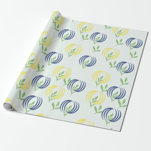 Papel de embrulho azul e amarelo com flores (Desenrolado)