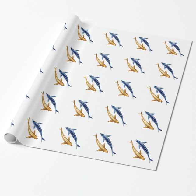 Papel de embrulho azul e Dourado dos peixes de Koi (Desenrolado)