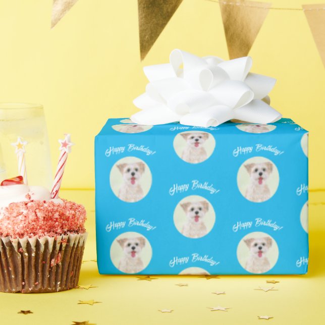Papel de embrulho azul Morkie Imagens redondas (Festa de aniversário)