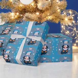 Papel de embrulho azul pinguim desenho animado fof