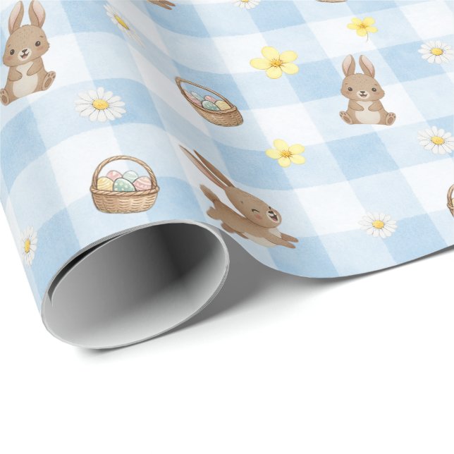 Papel de embrulho azul xadrez coelho da Páscoa (Ponta do rolo)