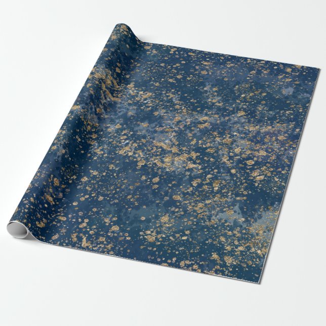 Papel de embrulho Blue & Gold Splatter Glam Modern (Desenrolado)