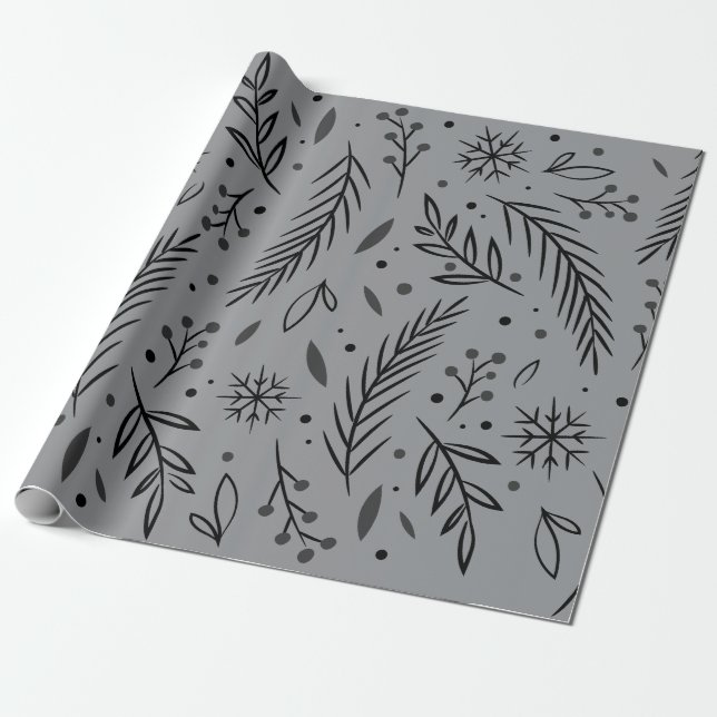 Papel de Embrulho Botânico de Inverno – Cinza e Pr (Desenrolado)