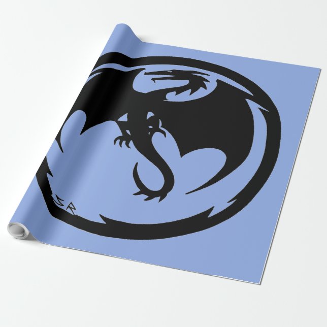 Papel de embrulho brilhante azul-Dragão preto gran (Desenrolado)