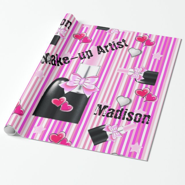 Papel de embrulho brilhante, batom rosa faixa rosa (Desenrolado)