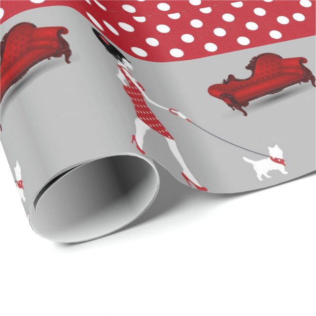 Papel de embrulho brilhante cachorro bolinhas verm (Ponta do rolo)