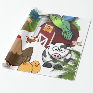 Papel de embrulho brilhante, galinhas vacas aves