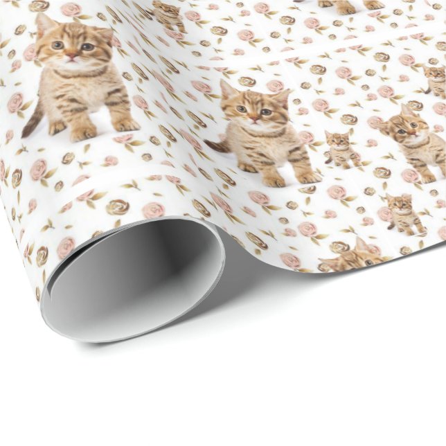 Papel de embrulho brilhante gatinhos floral (Ponta do rolo)