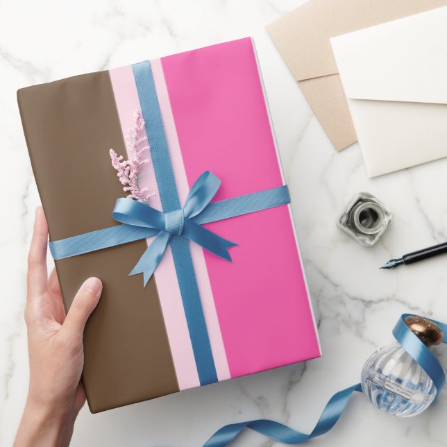 Papel de embrulho brilhante listra marrom e rosa (Presentear)