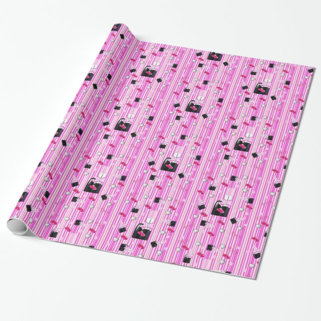 Papel de embrulho brilhante, Listra rosa de batom  (Desenrolado)