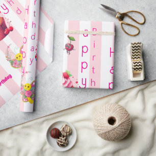 Papel de embrulho brilhante listra rosa Feliz Aniv