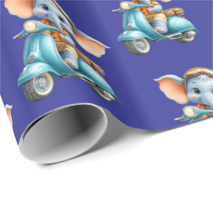 Papel de embrulho brilhante scooter elefante azul