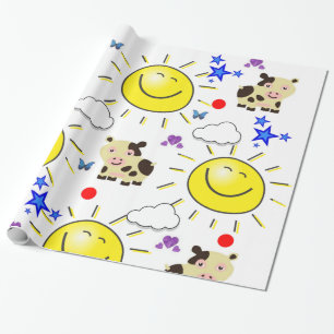 Papel de embrulho brilhante, Vaca Sol Nuvens Coraç