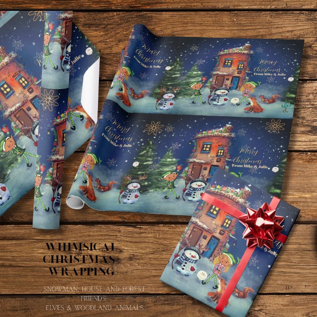 Papel de embrulho Casa de Natal e Amigos da Flores (Christmas House & Woodland Friends Wrapping Paper)