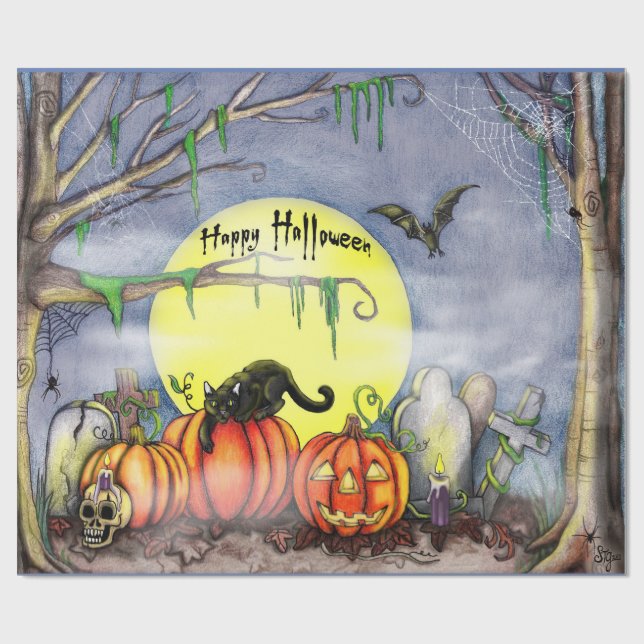 Papel de embrulho Cena do Cemitério Feliz Hallowee (Aberto)