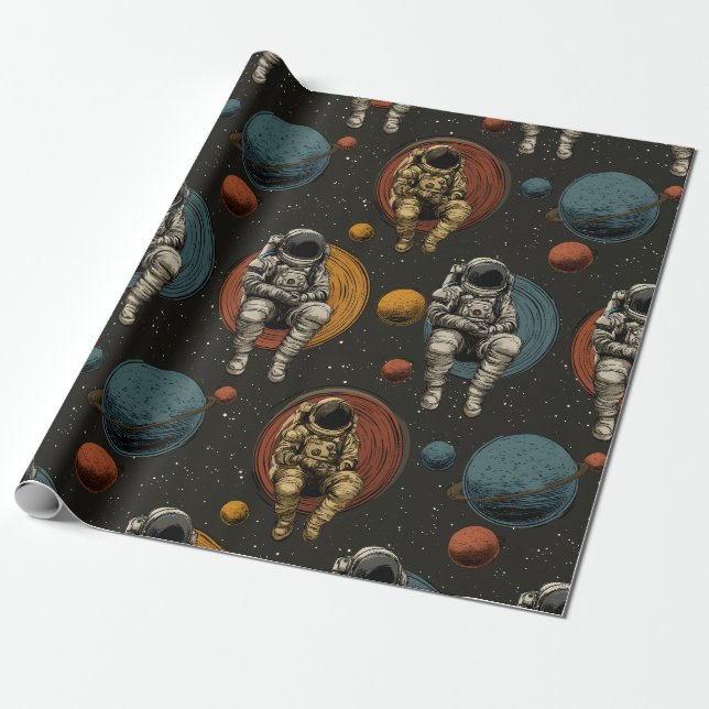 Papel de embrulho cena espacial retro astronauta (Desenrolado)