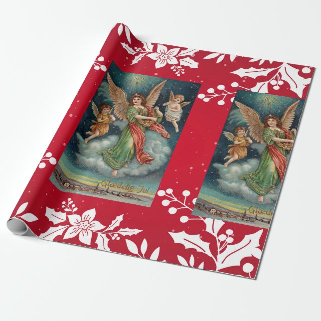 Papel de embrulho colagem Anjo de Natal Azevinho (Desenrolado)