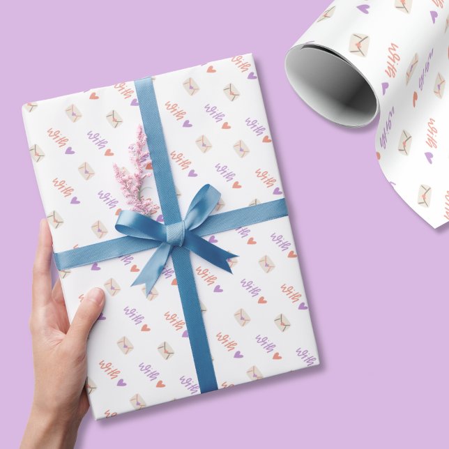 Papel de embrulho com amor em rosa, roxo e branco (All occasion wrapping paper that shares a message of love for any recipient.)